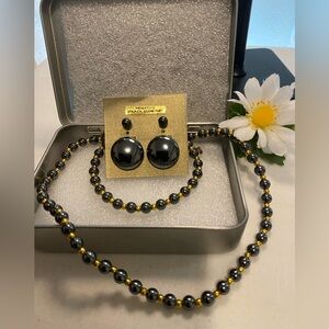 Vintage 4pc Hematite Set - 18” Necklace, Bracelet & 2 pairs of Earrings; Giftbox